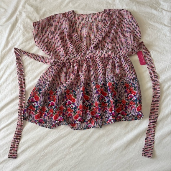 Xhilaration Pink, Red and Purple Kimono Floral Baby Doll Top Sheer Size Large - Picture 1 of 7